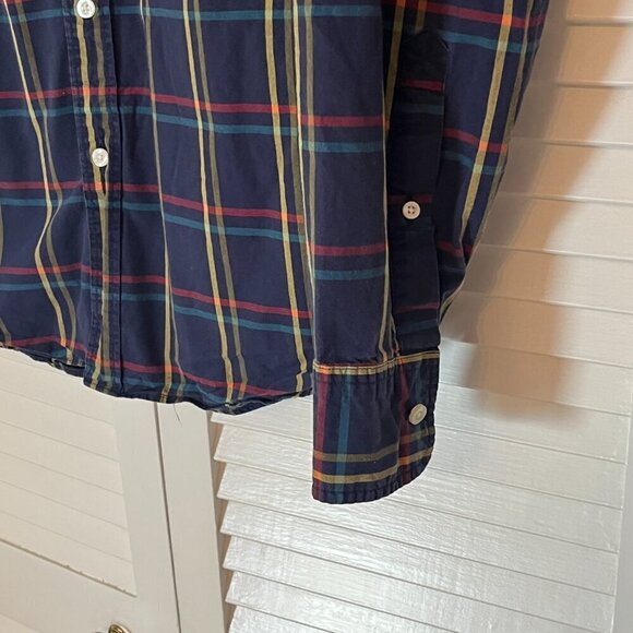 J. Crew Factory men's holiday buttondown shirt navy plaid large cotton - Picture 2 of 9